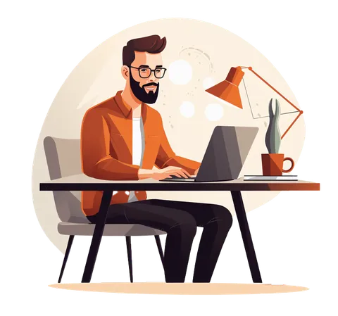 Illustratie van een man die thuis aan een laptop werkt