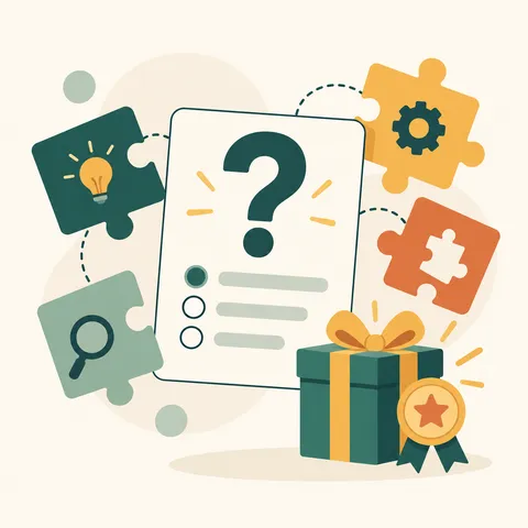 Illustratie van een prijsvraag met quizvragen, puzzelstukjes en een cadeau
